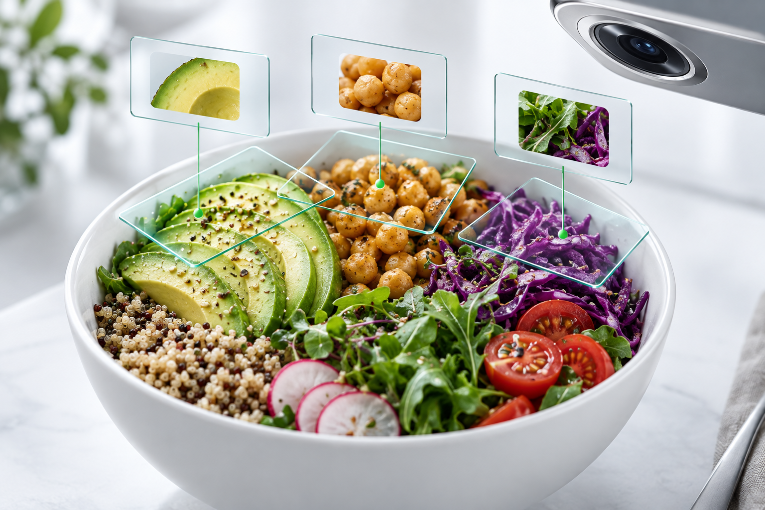 Concept illustration of ingredient recognition layers above a meal