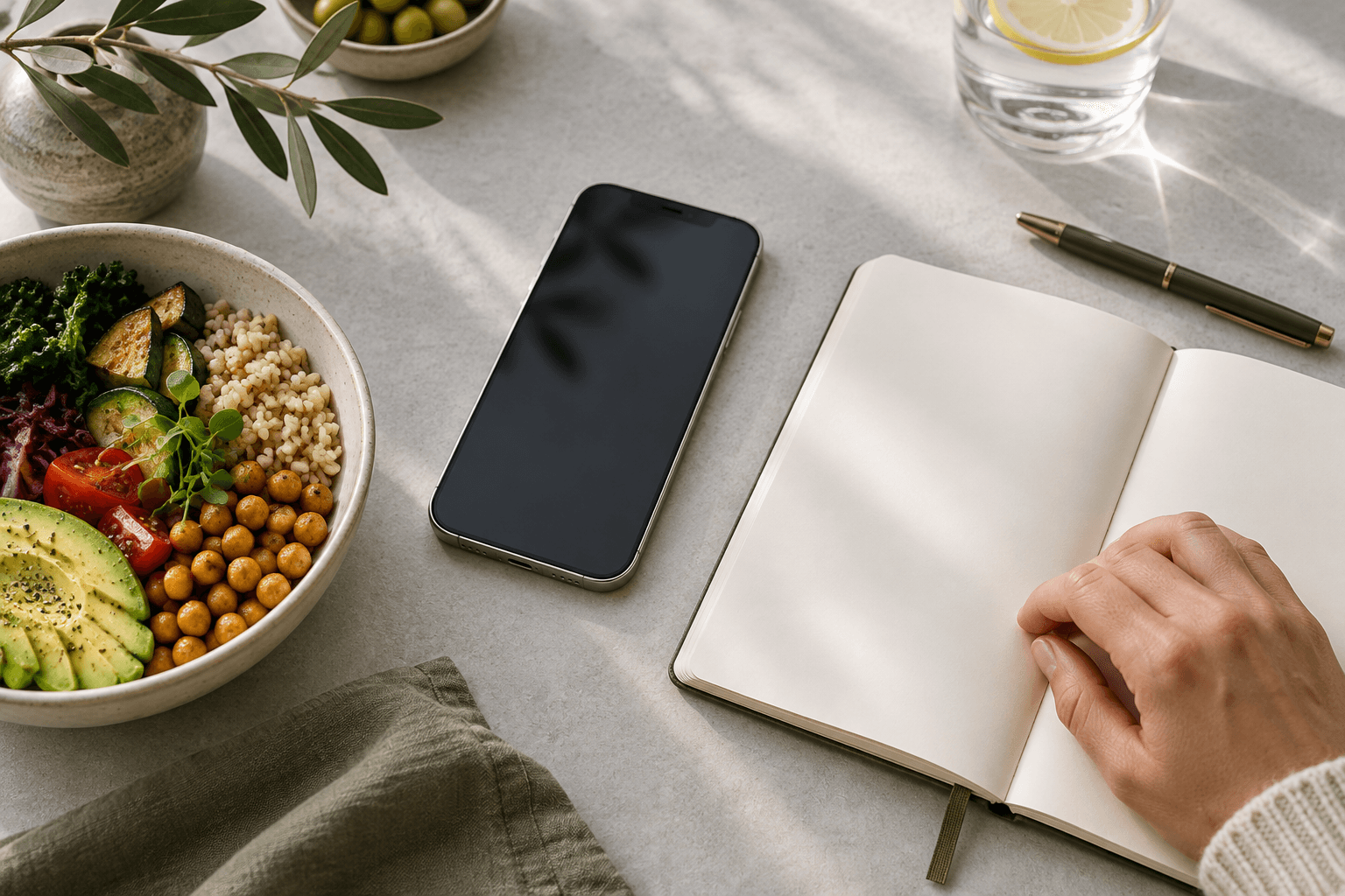 A meal, blank notebook, and phone representing everyday records