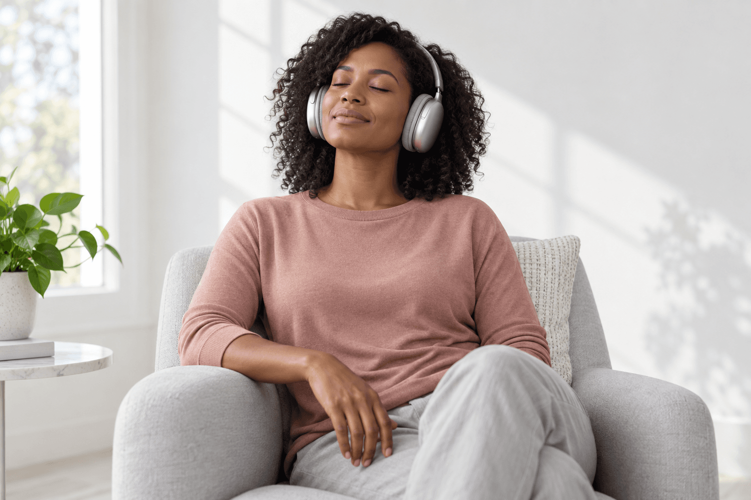 A person sitting comfortably with headphones