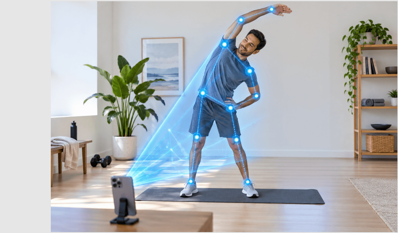 A person stretching with movement tracking markers