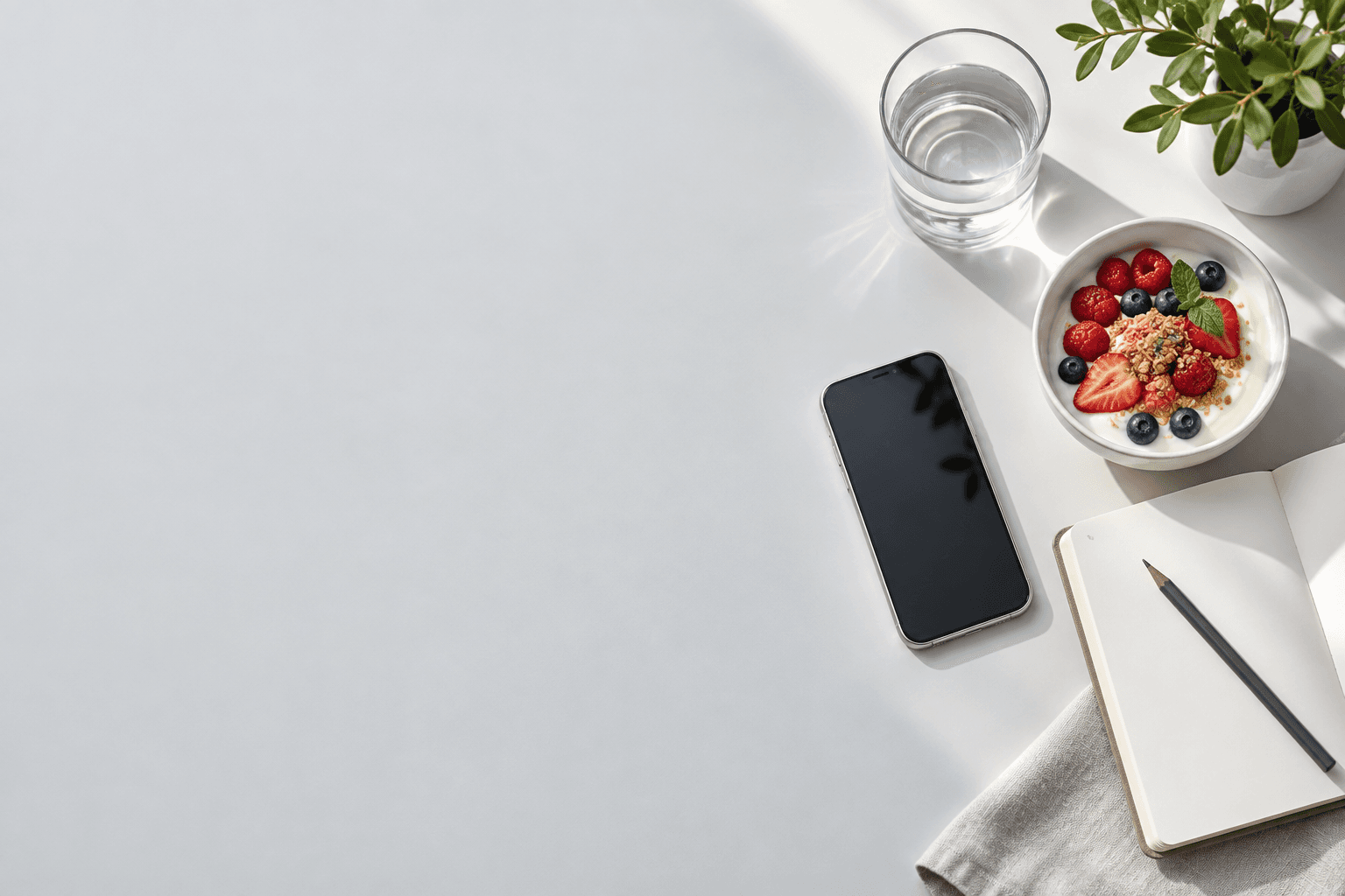Breakfast, a glass of water, a notebook, and a phone on a light table