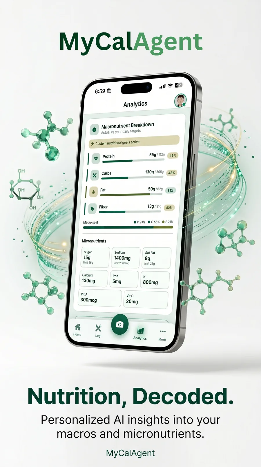 MyCalAgent analytics screen showing macro targets and micronutrient intake