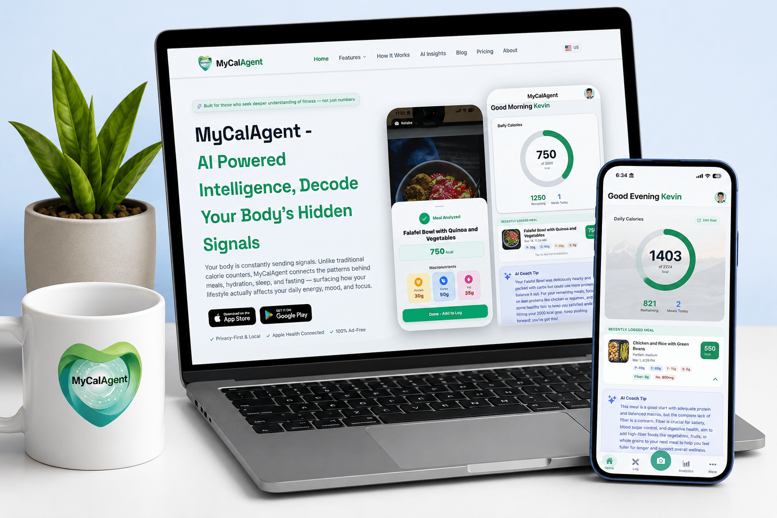 MyCalAgent website and mobile app shown on a laptop and phone beside a branded mug